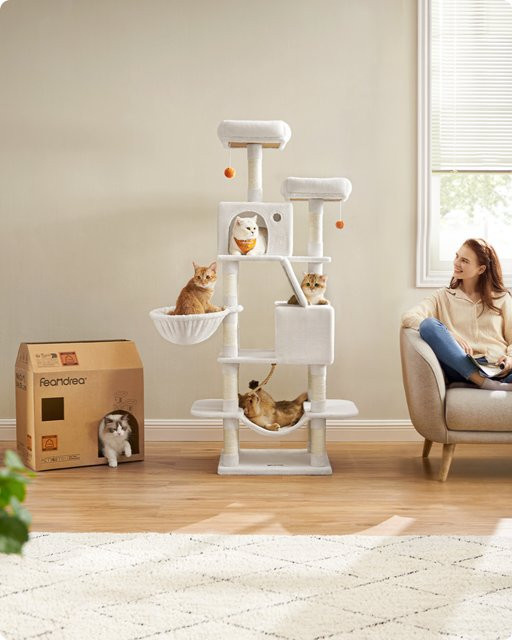 FEANDREA Kratzbaum für große Katzen in Weiß mit Höhle, Hängematte und integriertem Spielzeug, Höhe: 168 cm - Bild 1