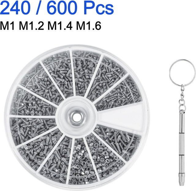 240/600-teiliges Reparaturwerkzeug-Set mit Schrauben und Muttern in Silber für Brillen, Uhren, Telefone und Glaswaren - Bild 1