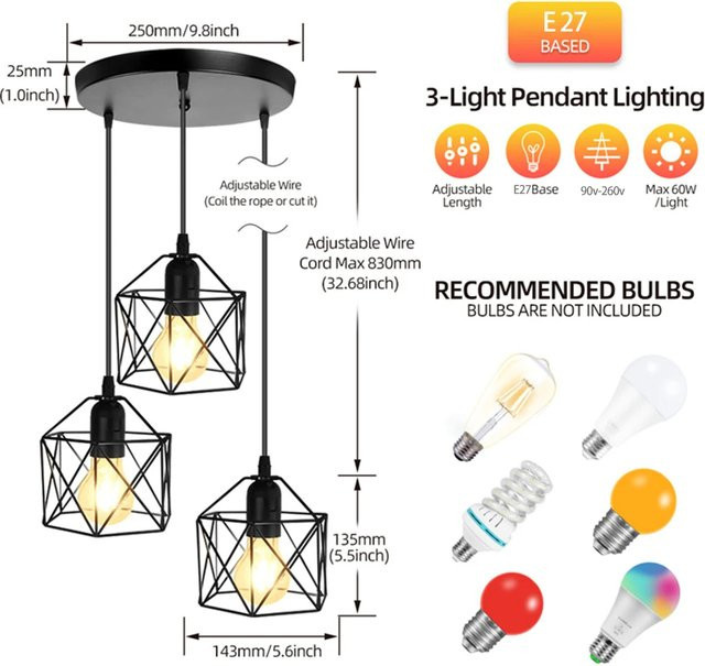 SUNMEIYI Moderne Pendelleuchte in Schwarz aus Metall für Wohnzimmer und Küche - Bild 1