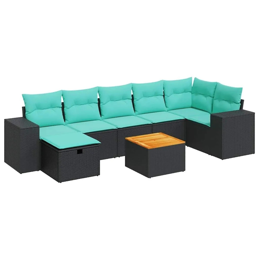 vidaXL 8-tlg Garten-Sofagarnitur in L-Form aus schwarzem Poly-Rattan mit Kissen und Akazienholz - Bild 2
