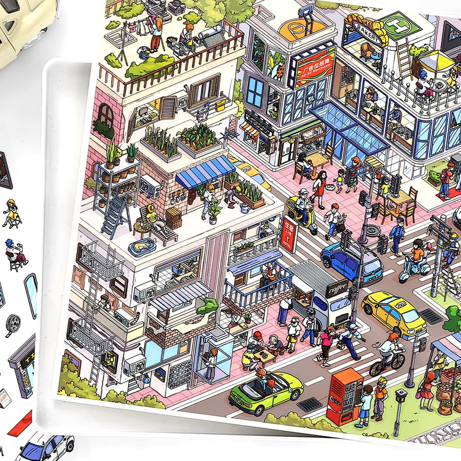 JIANQI Busy Town 3D-Aufkleber, Cartoon-Szene, DIY-Spielzeug - Bild 5