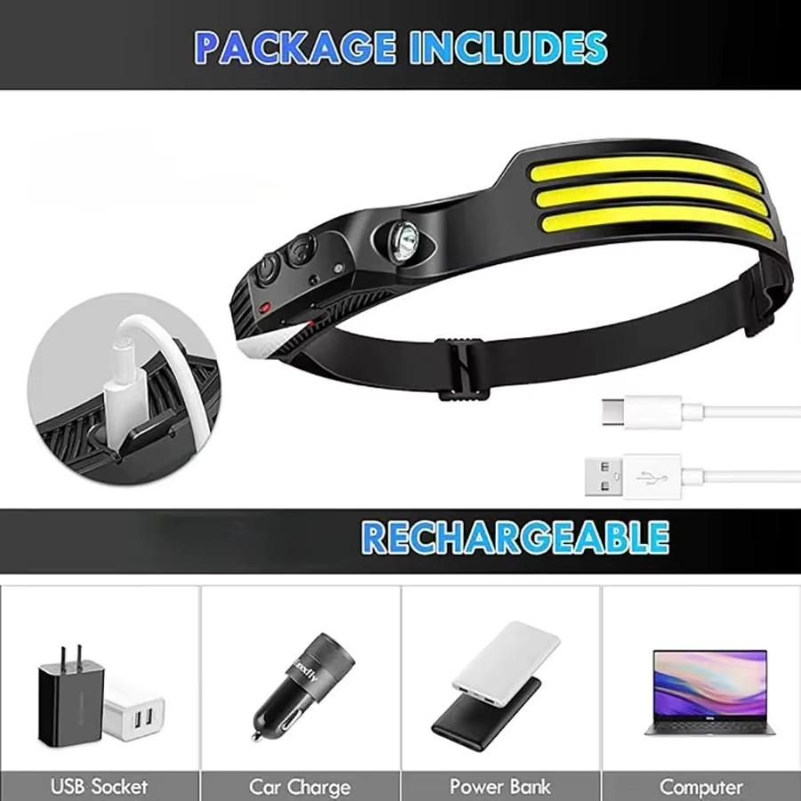 LED COB Sensor Stirnlampe in Schwarz mit USB-wiederaufladbarem Akku für Outdoor, Camping und Angeln - Bild 2