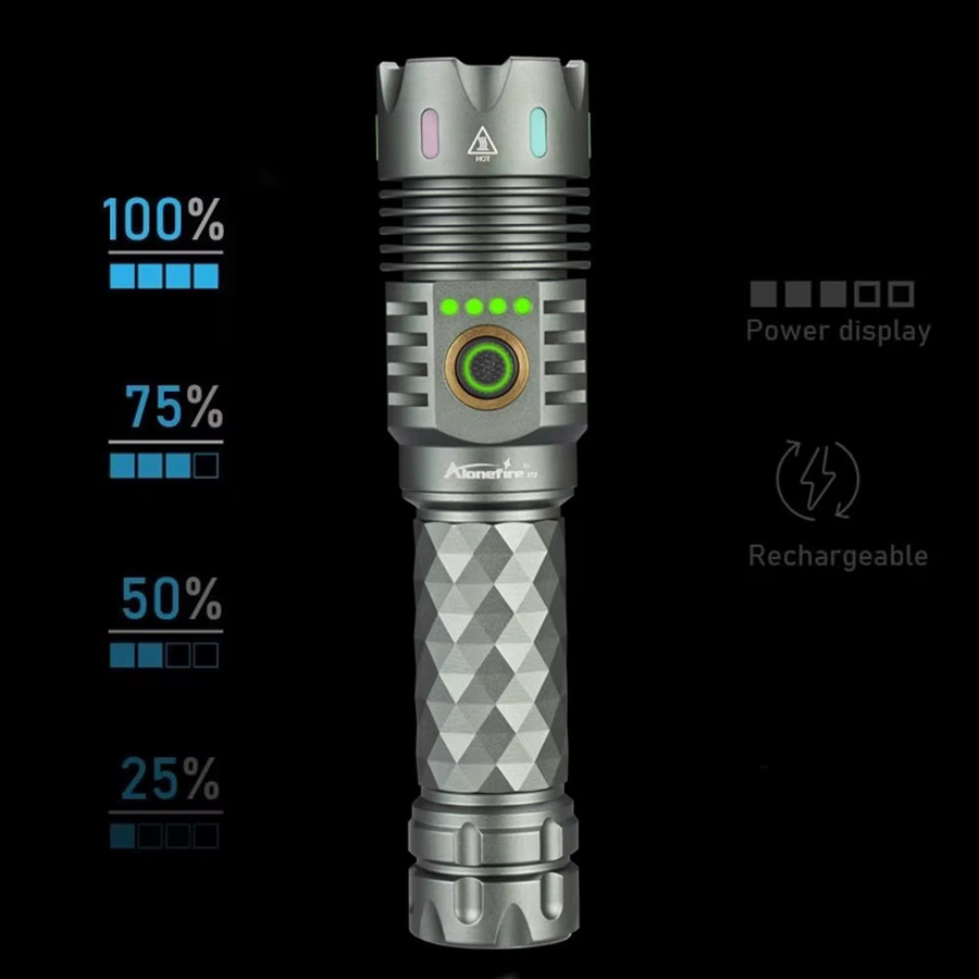 Alonefire Hochleistungs-Taschenlampe mit 4 LEDs und 6000 Lumen, wiederaufladbar via USB mit LCD-Anzeige, ideal für Outdoor, Jagd und Camping - Bild 5