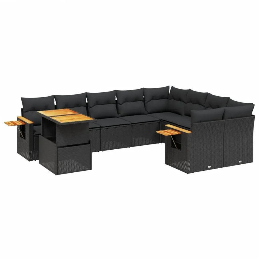 vidaXL 10-teilige Garten-Sofagarnitur aus Poly-Rattan und Akazienholz in Schwarz mit Kissen - Bild 2