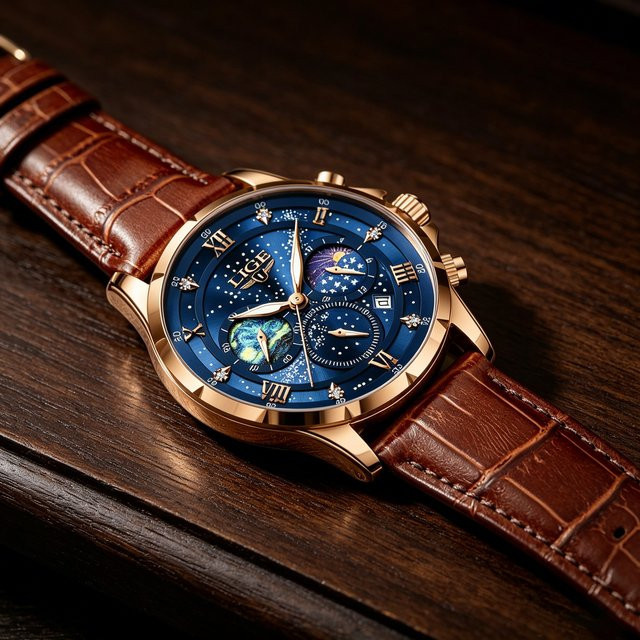 LIGE Herren-Chronograph, Quarz, Leder, Blau, Gold, Herren - Bild 1