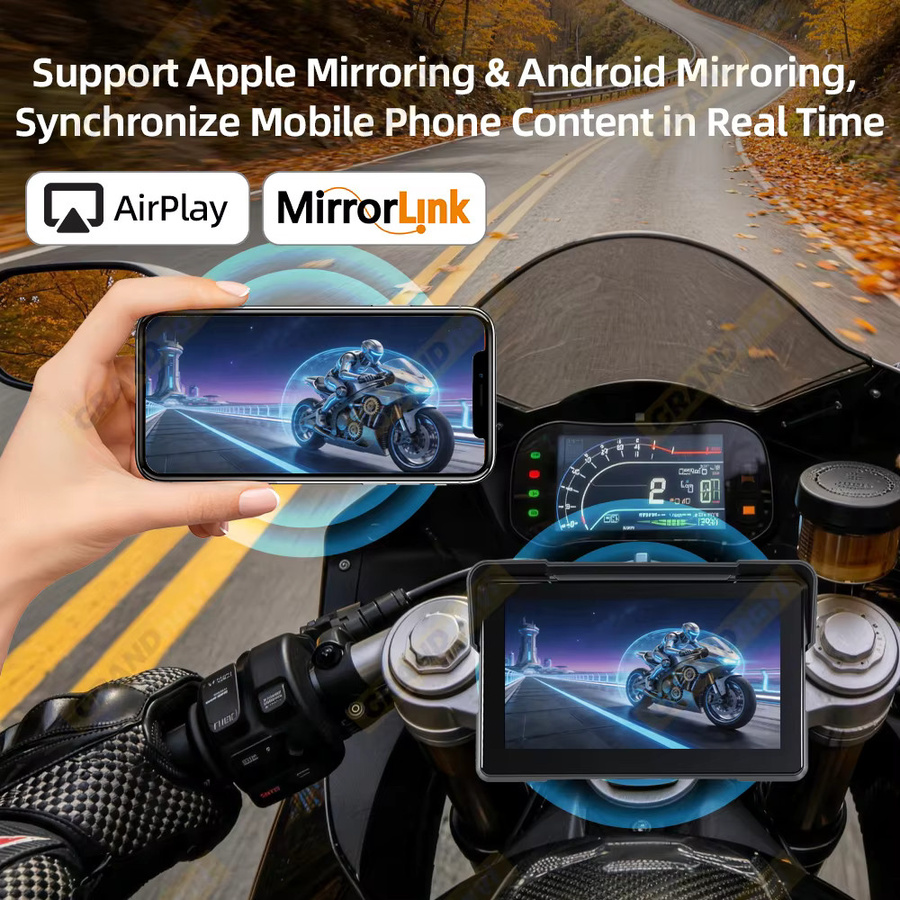 Grandnavi Tragbares 7-Zoll Motorrad-Navigationssystem in Schwarz mit 2K DVR, Android Auto, CarPlay und Bluetooth, IP67 Wasserdicht mit Videorekorder und Monitor - Bild 4