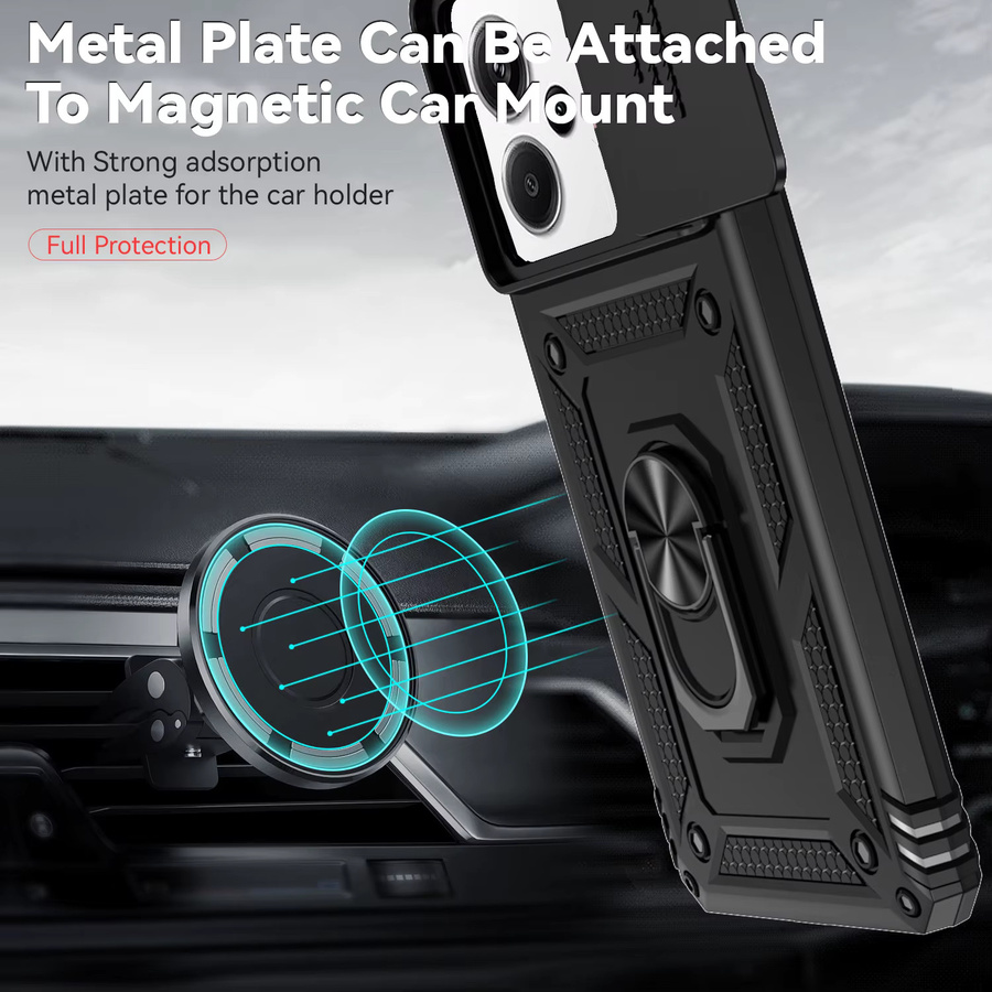 Stoßfeste Xiaomi Panzerhülle für Redmi Note Serie mit Metallring-Halter, Schiebe-Objektivschutz und Ständer in Schwarz - Bild 6