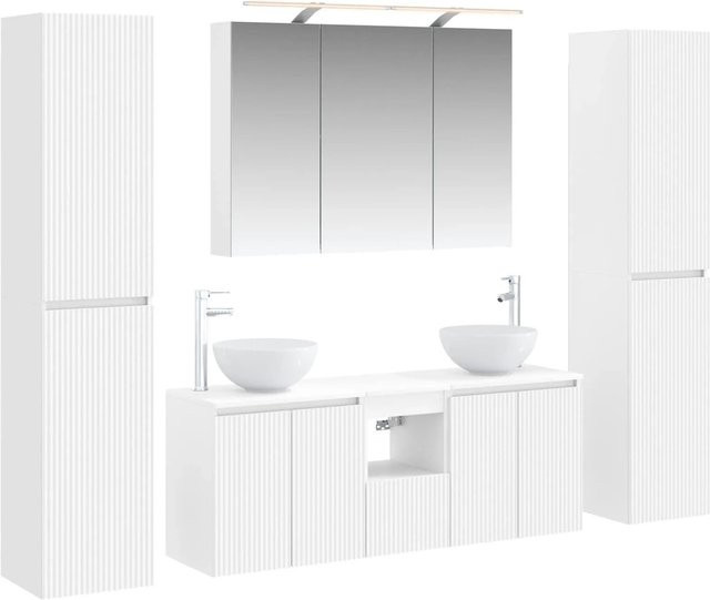 vidaXL Badezimmermöbel-Set 6-teilig in Weiß aus Ingenieurholz und Glas mit LED-Beleuchtung und Spiegelschrank - Bild 1