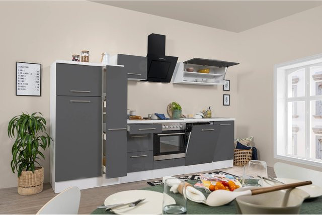 Respekta Premium Küchenzeile modern in Grau Hochglanz-Weiß mit Soft-Close-Türen und internen Schubladen, Breite: 310 cm - Bild 1