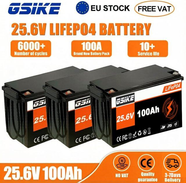 GSIKE LiFePO4 Batterie 25,6V 100Ah Lithium-Akku in Schwarz mit BMS für Solar und Heimenergie - Bild 1