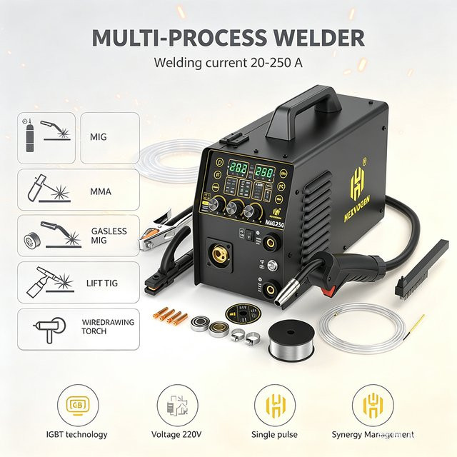 HZXVOGEN MIG250 5-in-1 Multifunktionales Schweißgerät in Schwarz mit LED-Bildschirm für Stick ARC MMA Gas/Gaslos MIG Lift TIG und Aluminiumschweißen (0,8/0,9/1,0 mm Draht) - Bild 1