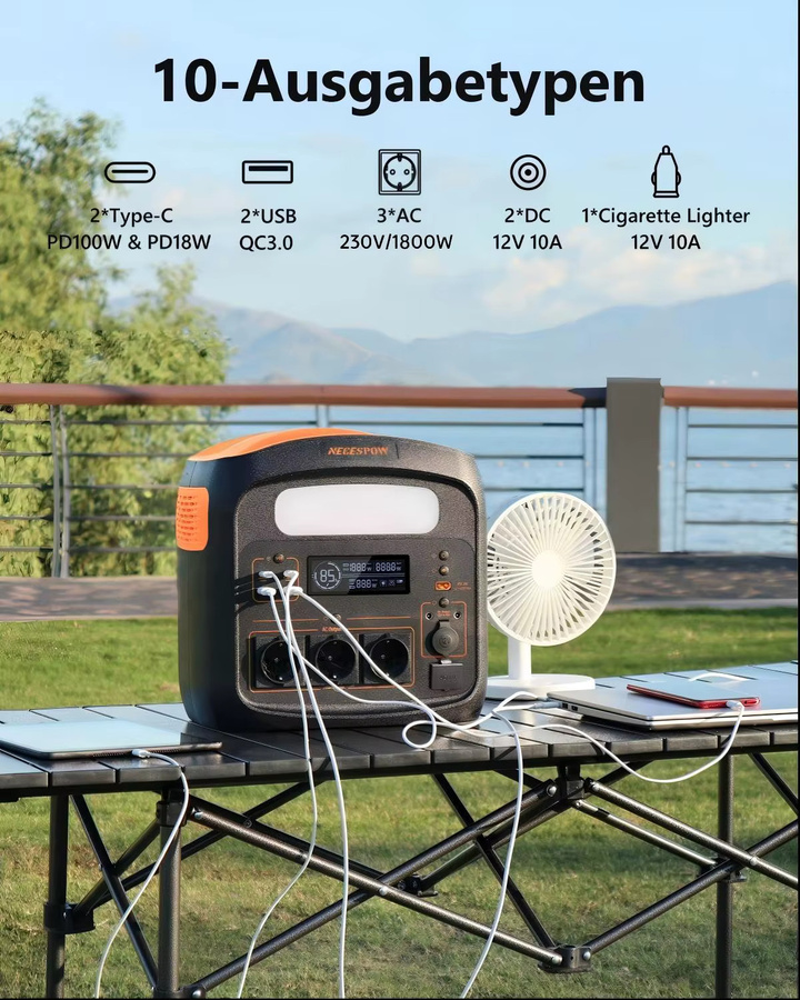 Newsmy N1200 Tragbare Powerstation mit 1024Wh LiFePO4 Batterie, 1800W Dauerleistung und 3000W Spitzenleistung, inklusive 3 AC-Steckdosen und 100W USB-C Anschluss - Bild 2