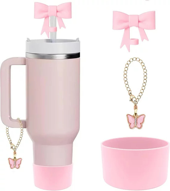 Kemorii Silikon Strohhalm-Abdeckung und Cup-Zubehör Set mit rosa Schmetterlingskette für Stanley Tumbler 30/40 OZ in Pink und Schwarz - Bild 1