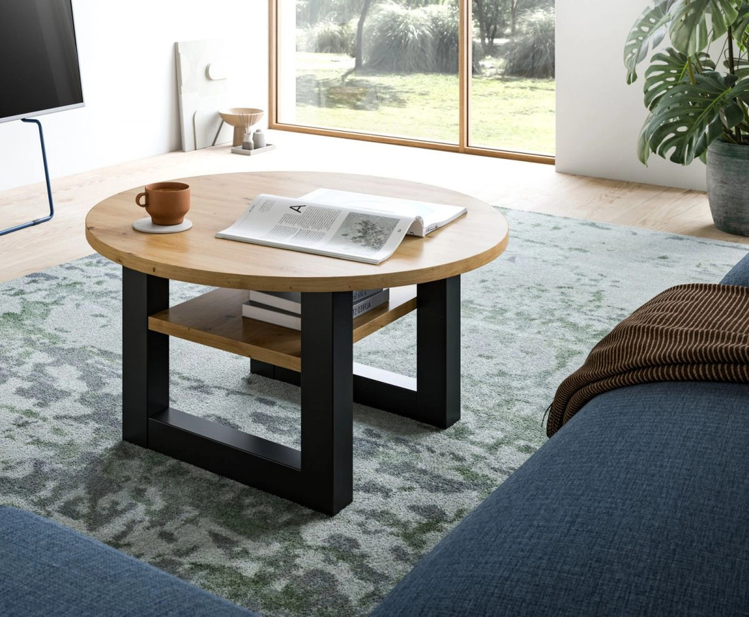 Couchtisch Eldon rund in Eiche und Grau mit vier Beinen, Durchmesser: 75 cm, Höhe: 30 cm - Bild 2