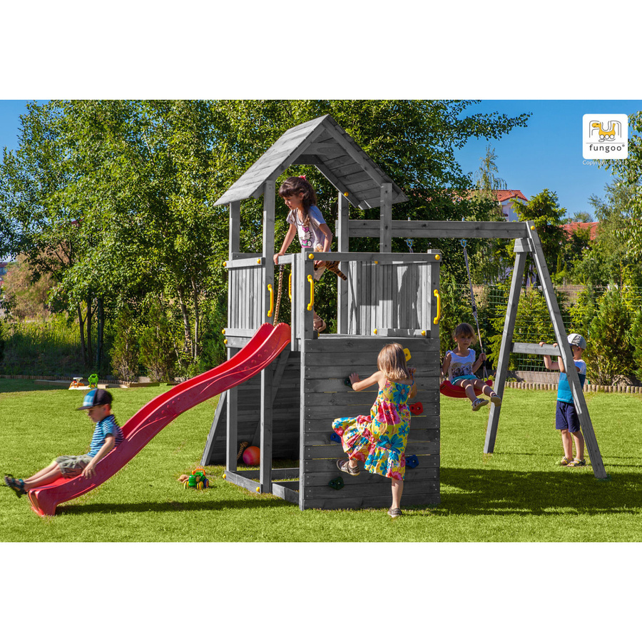 Fungoo Spielturm Carol 3 Klettergerüst in Grau mit Rutsche, Schaukel, Kletterwand, Rampe und Holzdach - Bild 2