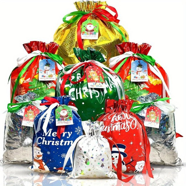33 Geschenktüten mit Weihnachtsmotiv in verschiedenen Farben und Größen mit Kordelzug aus Papier - Bild 1
