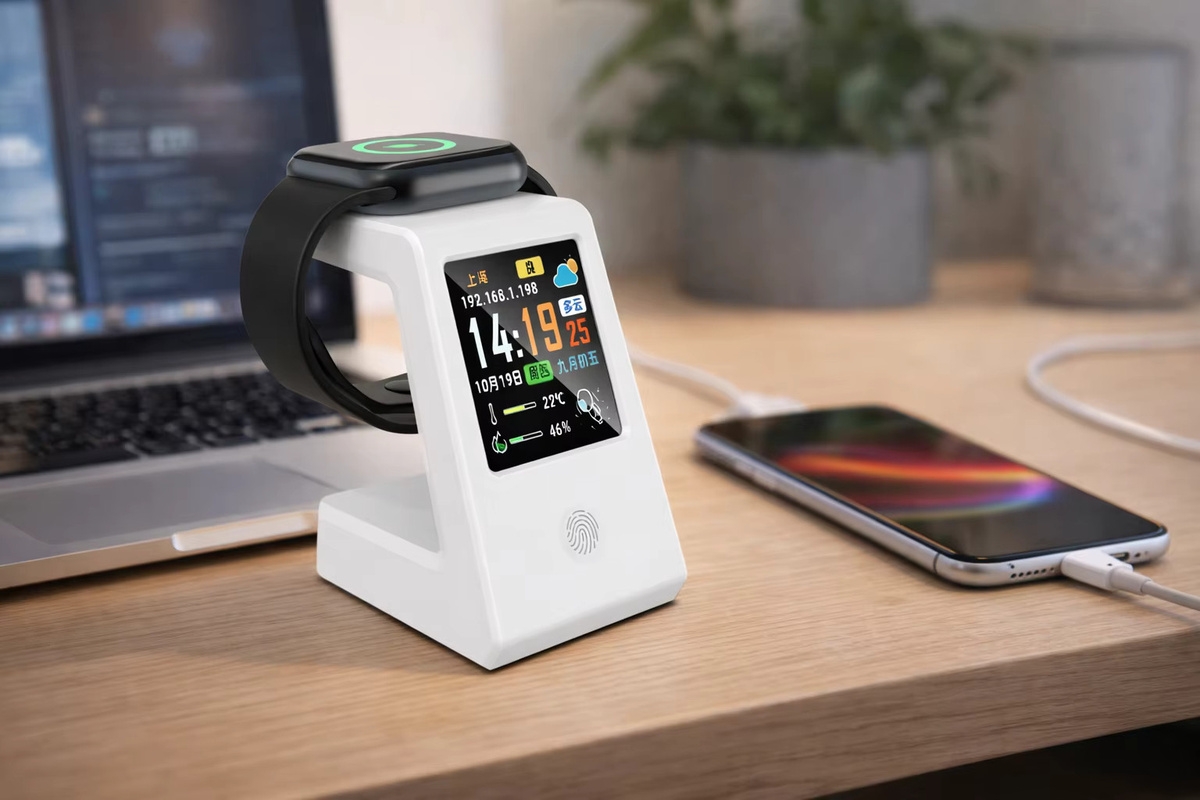 GEEKMAGIC Intelligente WLAN-Wetteruhr mit kabellosem Laden, digitale Tischuhr mit Echtzeit-Wetteranzeige und Touch-Steuerung, Schwarz - Bild 1