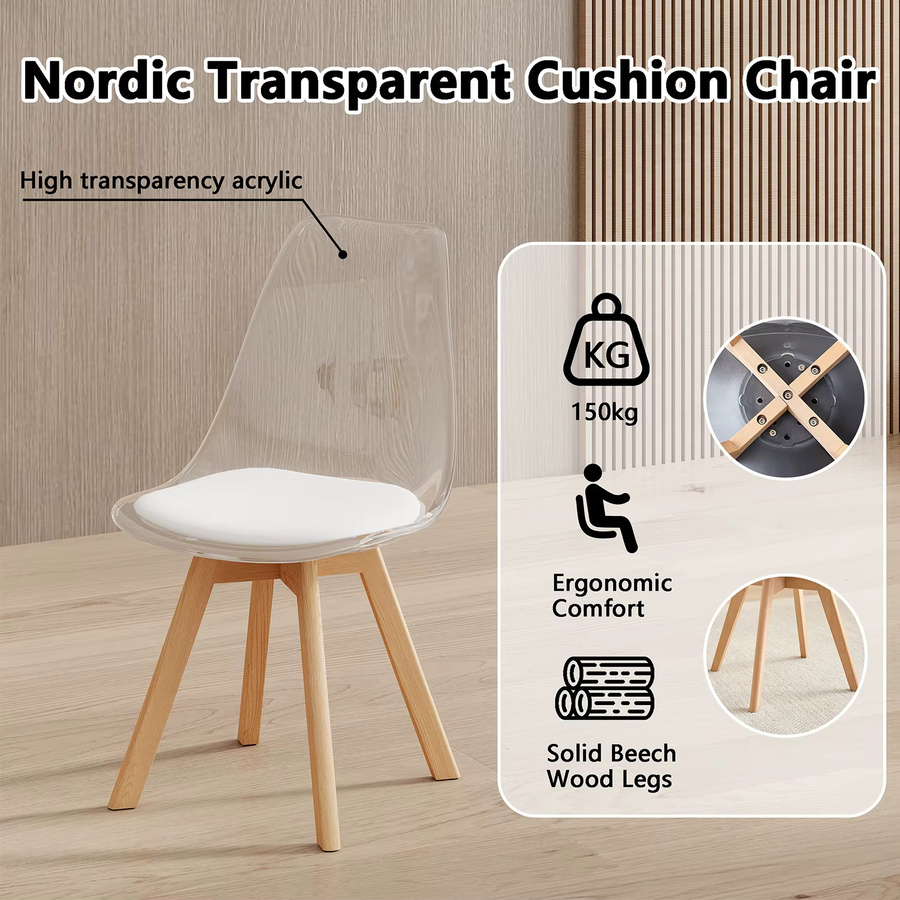 Set aus 4 oder 6 gepolsterten Esszimmerstühlen von GrandCA HOME mit transparenten Acrylsitzen, weißen PU-Kissen und Buchenholzbeinen für dein Esszimmer, deine Küche oder dein Wohnzimmer - Bild 2