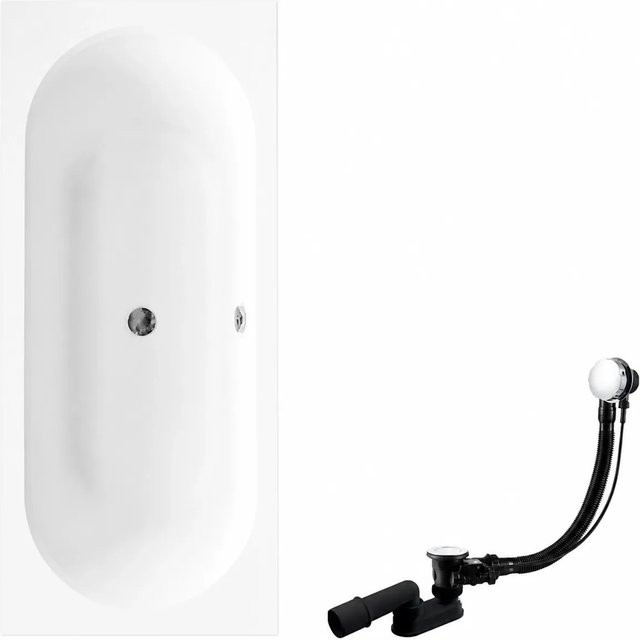 KOLMAN Badewanne Rechteck aus Acryl in Weiß inklusive Bambus Badewannenablage mit Kopfstütze, Ablauf und Füßen, B/T: 160 x 75 cm - Bild 1