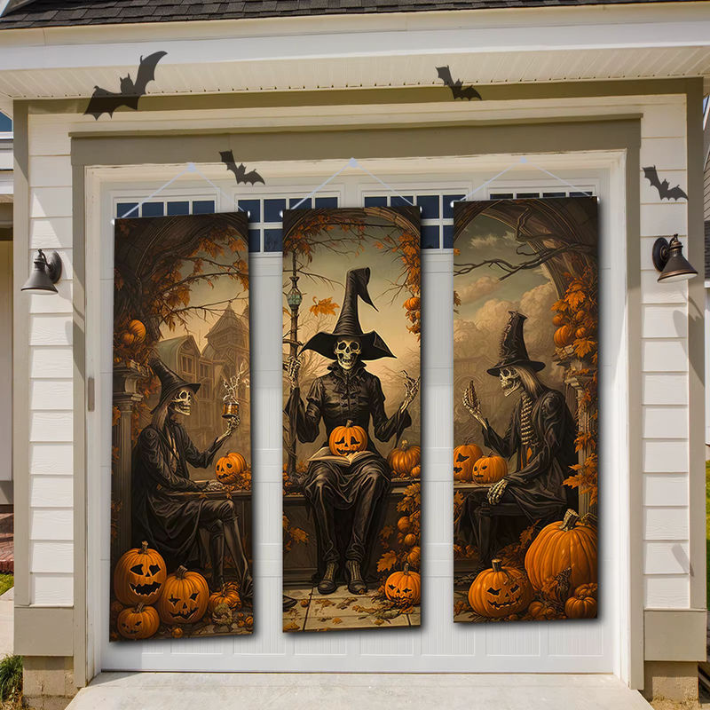 3er Set Vintage Halloween Dekoration Banner mit Horror Porträts von Mann, Schädel und Geist als Hintergrund für deine Villa - Bild 3