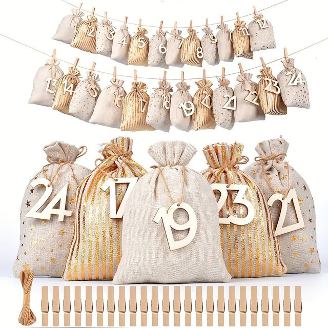 24-teiliges Weihnachts-Adventskalender-Set mit Zahlentaschen in Beige, Textil-Kordelzugbeutel mit Seil und Clips zur Heimdekoration - Bild 1