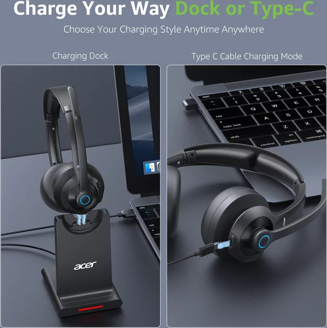 Acer Kabelloses Dual-Mode Headset mit Bluetooth 5.3 und 2,4G, ENC für kristallklare Anrufe, Schwarz - Bild 1