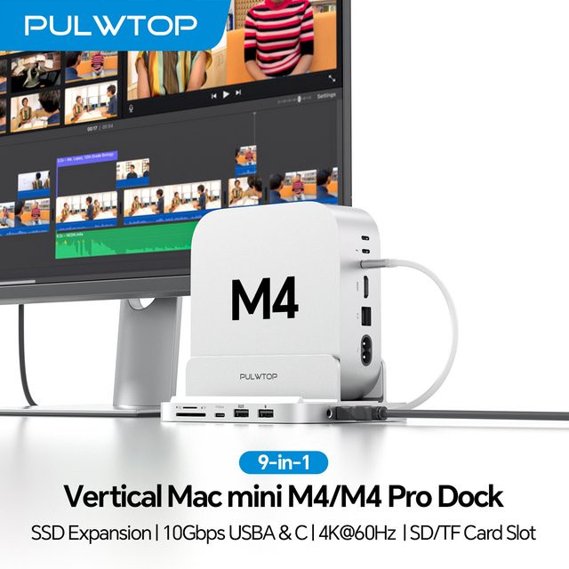 PULWTOP Mac Mini M4 Dockingstation mit HDMI 4K, M.2 SSD-Gehäuse und USB-C Hubständer in Silber - Bild 1