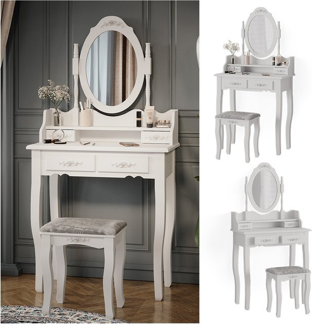 Vicco Schminktisch Meghan Barock in Weiß mit Hocker und Schwenkspiegel, B: 75 cm, H: 147 cm, T: 40 cm - Bild 1