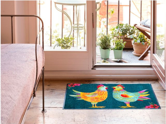 Salonloewe Fußmatte mit Hühner-Motiv in Petrol und Multicolour, rutschhemmend, B: 100 cm x T: 75 cm - Bild 1