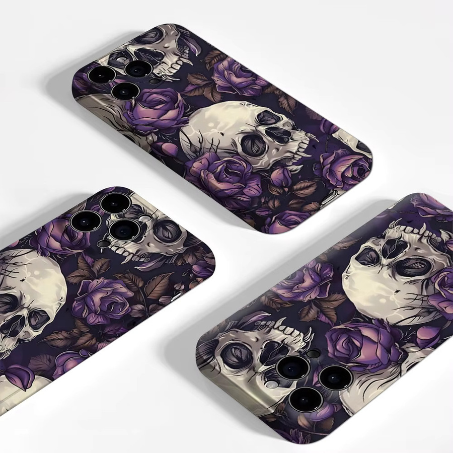 Handyhülle mit Totenköpfen und lila Rosen für iPhone 11 bis iPhone 17 Pro Max Plus, doppelschichtige Rückseite, lila/mehrfarbig - Bild 3