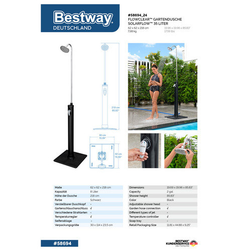 Bestway Solarflow Gartendusche Schwarz, H x B: 218 x 50 cm, 8 Liter - Bild 3