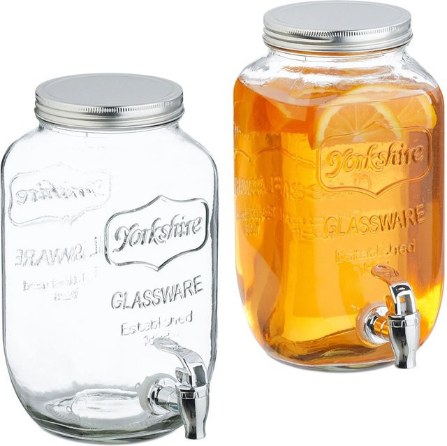 Relaxdays 2er Set Getränkespender aus Glas in Transparent mit Zapfhahn und silbernen Details - Bild 1