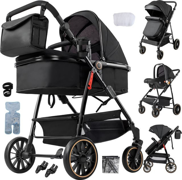 3-in-1 Luxus Baby-Kinderwagen für Neugeborene mit Babygeschirr und Carrycot in Grau und Schwarz - Bild 1