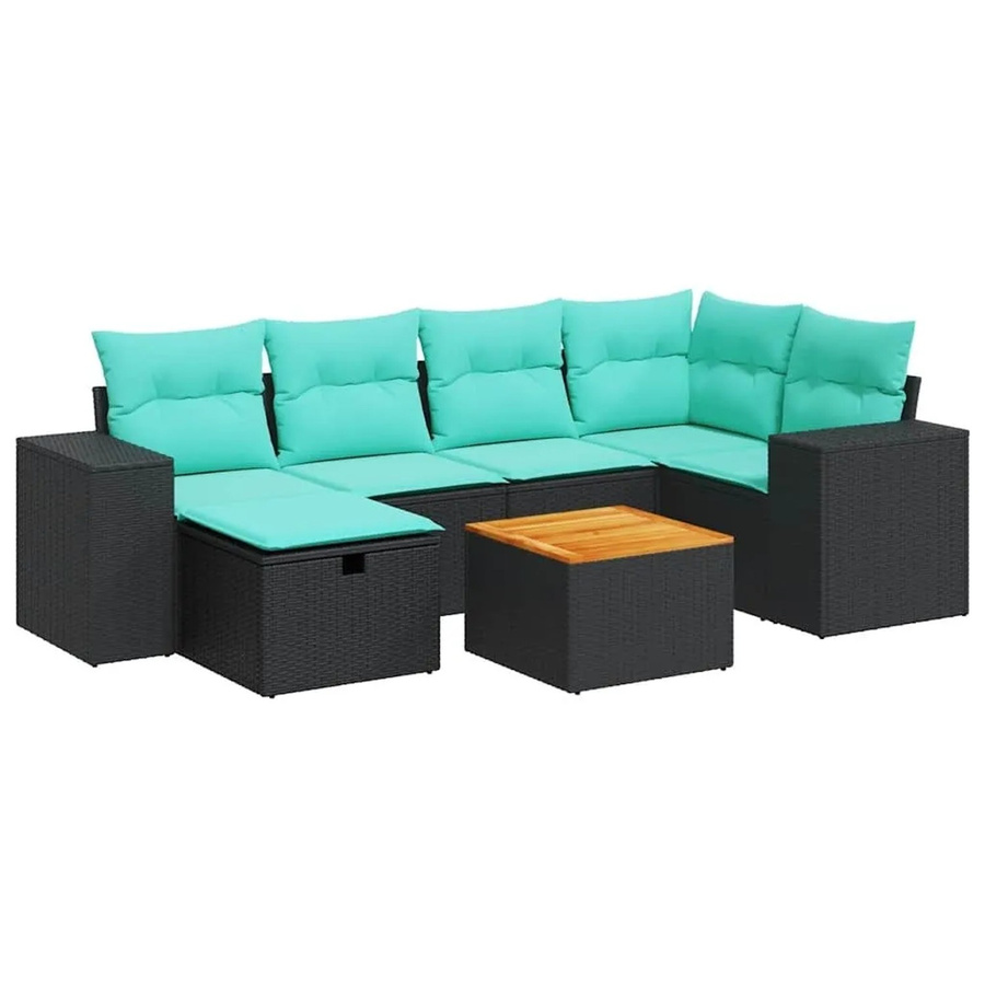 vidaXL 7-teilige Garten-Sofagarnitur in L-Form mit Kissen und Couchtisch, Schwarz, Poly-Rattan mit Metallgestell - Bild 2