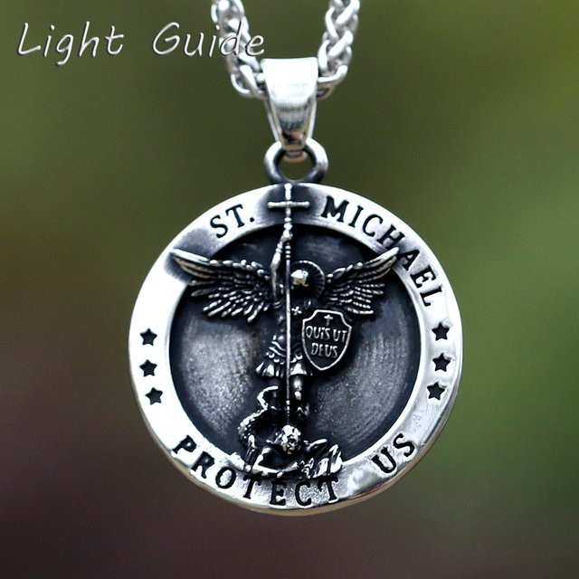 Halskette mit Anhänger St. Michael Arch Angel, Edelstahl, Silber, Unisex - Bild 1