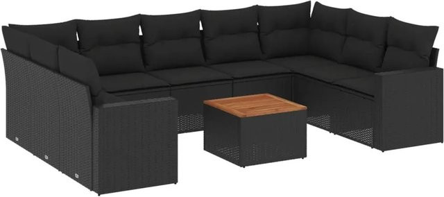 vidaXL 10-tlg. Garten-Sofagarnitur in L-Form aus Poly-Rattan mit Kissen in Schwarz - Bild 1