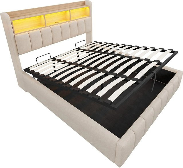 Merax Polsterbett mit LED-Unterbettbeleuchtung und USB-Anschluss in Beige, B/T/H: 180 x 200 x 49 cm - Bild 1