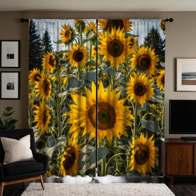 2er-Set Sonnenblumen Garten Vorhang Gelb mit Bindeband, halbtransparent mit floralem Digitaldruck für Wohnzimmer und Schlafzimmer, B: 132 cm, H: 160 cm - Bild 1