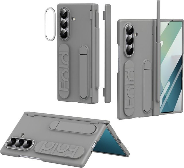 Samsung Galaxy Z Fold Schutzhülle mit Scharnierschutz, faltbarem Ständer, Handgelenkschlaufe und Displayschutzfolie in Blau und Grau - Bild 1