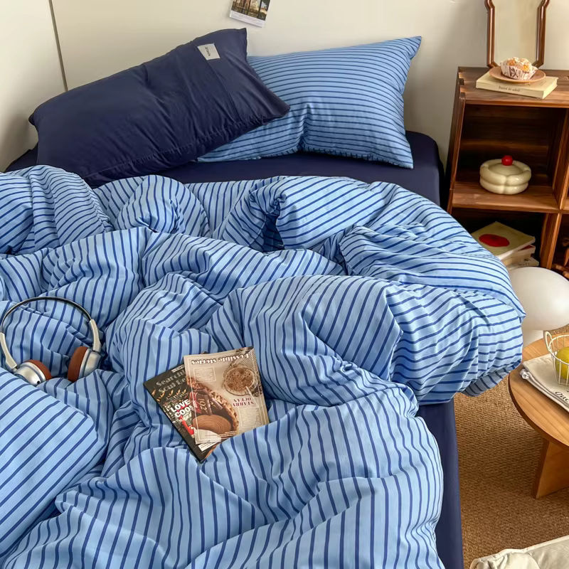 Bonenjoy Gestreiftes Bettwäsche-Set in Mehrfarbig und Blau, Modernes Single Bettwäsche-Set - Bild 4