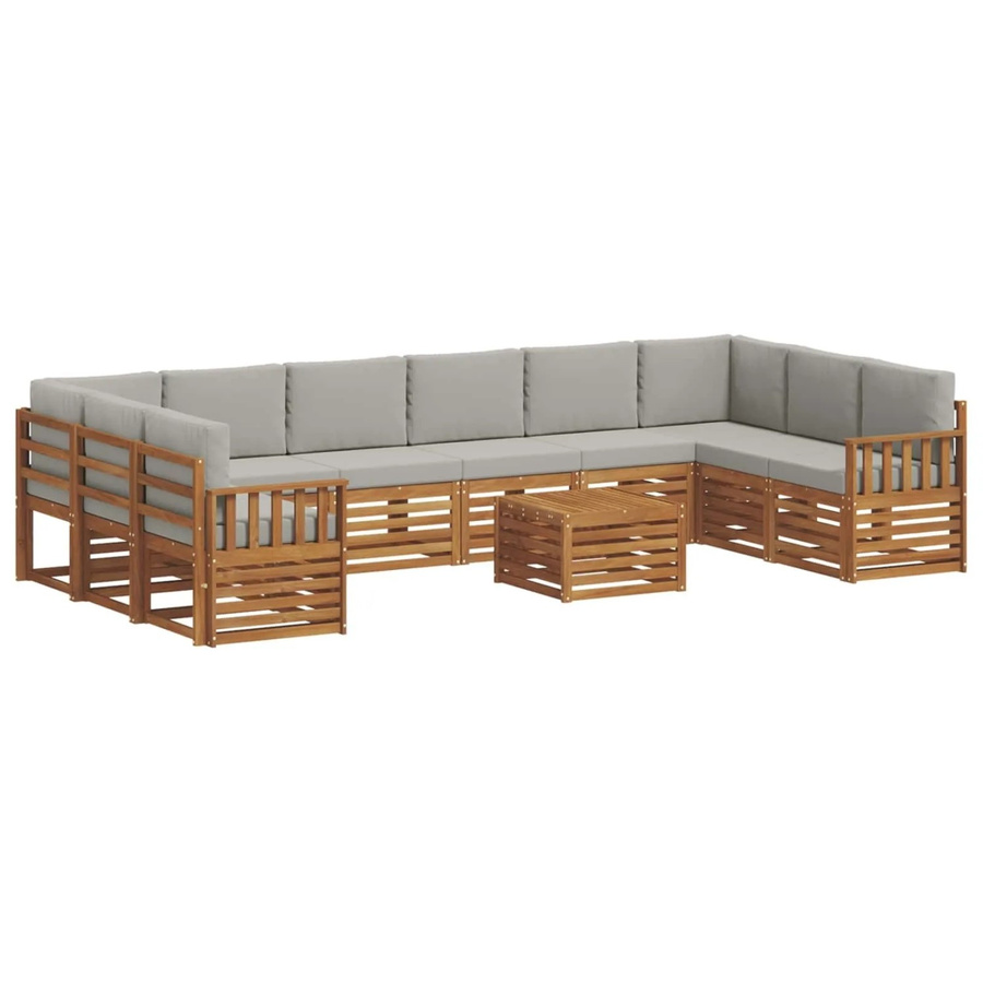 vidaXL Sofagarnitur 11-teilig L-Form aus Massivholz Akazie in Natur und Hellgrau mit Polsterung und Armlehnen - Bild 2