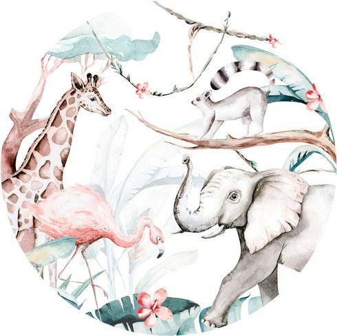K&L Wall Art Vliestapete Runde Form mit Giraffe und Elefant, mehrfarbig, matt, B/H: 277 x 188 cm - Bild 1