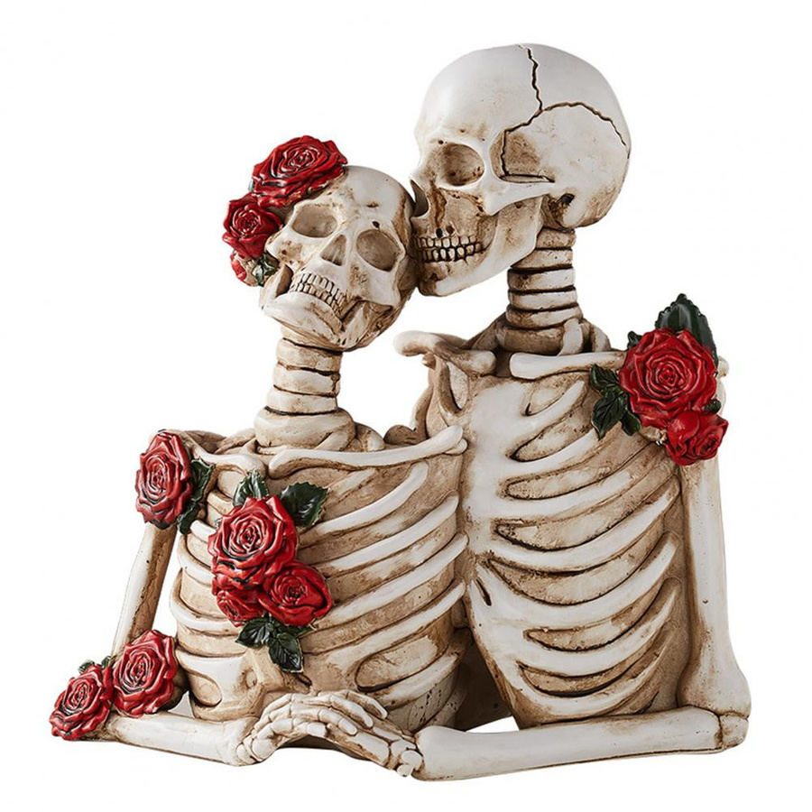 Yiran Furniture Vintage Gothic Paar Skelett Figuren mit Rose aus Harz als Deko-Skulptur für Halloween, Mehrfarbig - Bild 1
