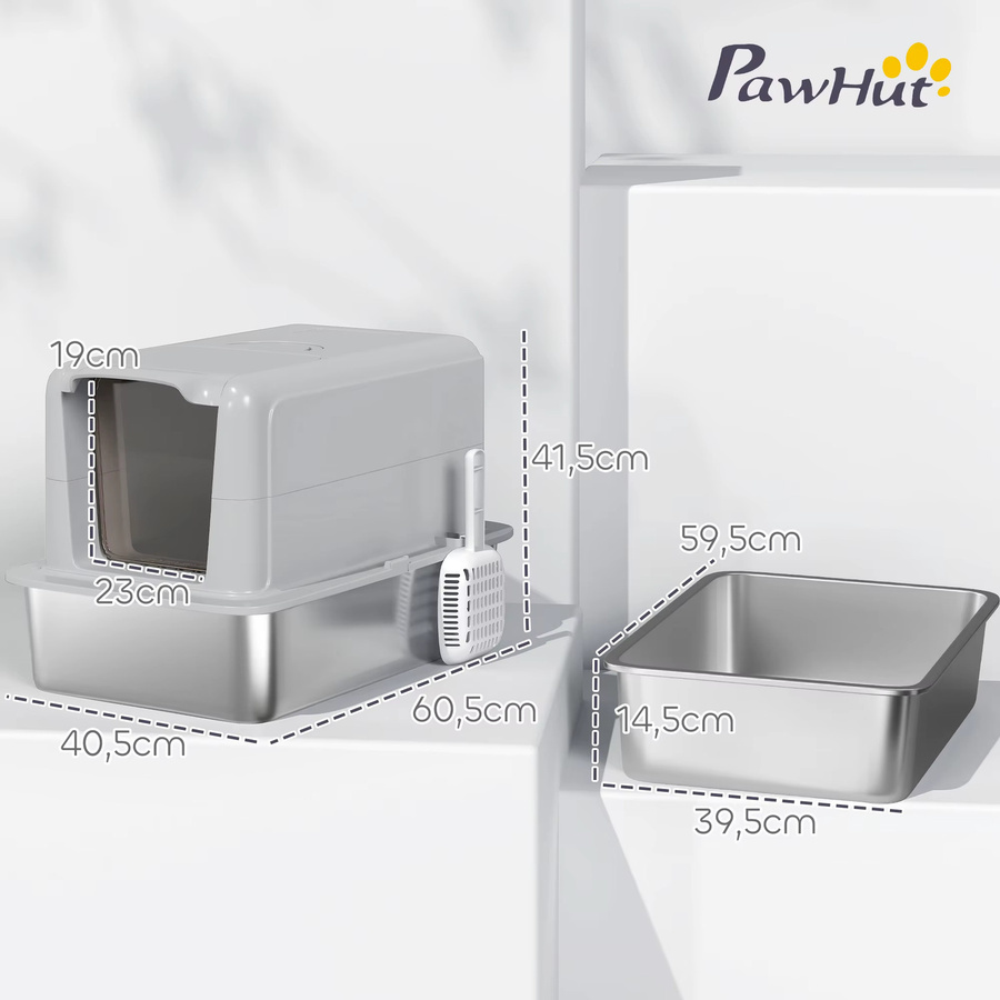 PawHut Katzentoilette aus Edelstahl und Kunststoff in Weiß mit Deckel, Streufilter und Streuschaufel, B/T/H: 60,5 x 40,5 x 41,5 cm - Bild 3