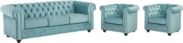 Vente-unique Chesterfield Couchgarnitur aus Samt mit 3-Sitzer-Sofa und Sessel in Hellblau, Breite: 205 cm, Tiefe: 82 cm - Bild 1