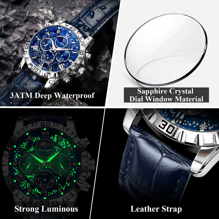 POEDAGAR Armbanduhr Chronograph, Quarz, Leder, Herren - Bild 4
