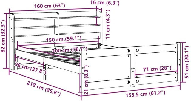 Bettgestell mit Kopfteil von Yiwydaa aus Kiefernholz in Weiß, B/T: 150 x 200 cm - Bild 1
