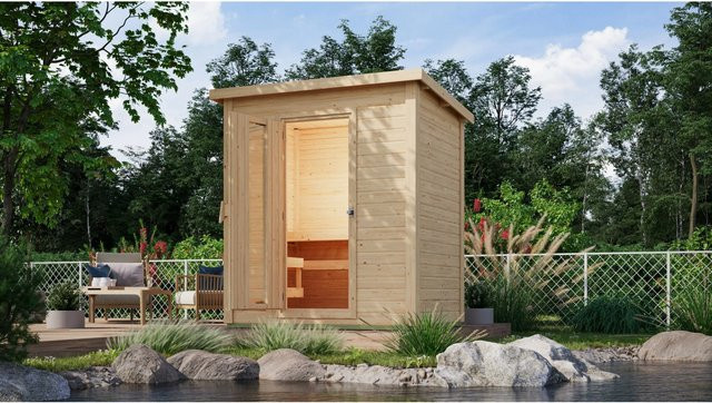 Karibu Saunahaus Arvi Set aus Fichte mit 9 kW Ofen und externer Steuerung, Farbe: Braun, Naturbelassen - Bild 1