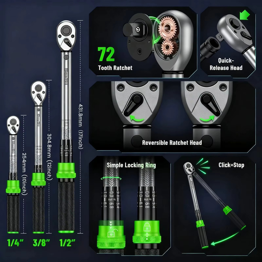 TaskStar Click Drehmomentschlüssel-Set 8 Stück in Silber mit 1/4", 3/8" und 1/2" Antrieb, ±3 % Genauigkeit und 72 Zähnen für Fahrrad- und Motorradreparaturen - Bild 3