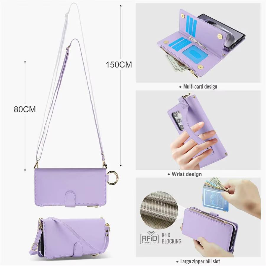 Crossbody Wallet Handyhülle für Samsung Galaxy S24 S23 S22 S21 FE Plus Ultra Note 20 A13 A14 A15 A52 A53 A54 A55 A72 A73 5G in Weiß und Lila - Bild 2